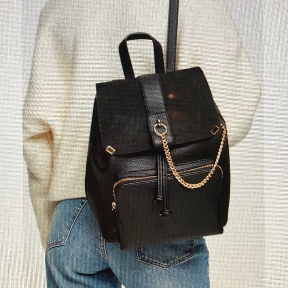 Topshop Faux Leather Black Backpack - Gold Accents Structured Design EUC